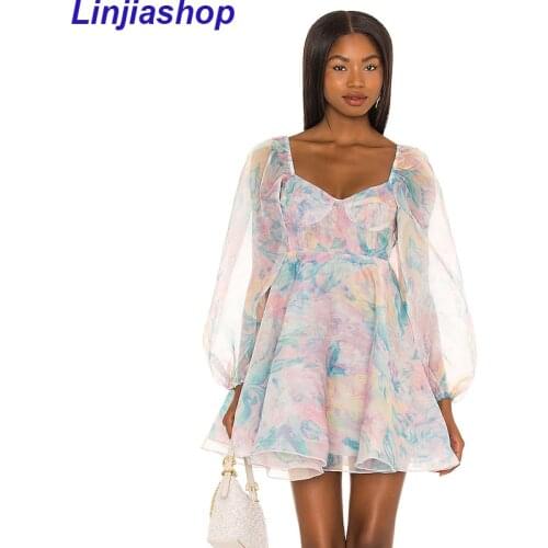 Sweet Floral Print Organza Princess Party Dress Women Sexy Square Neck Puff Sleeve Robe Femme Summer Short Vestido
