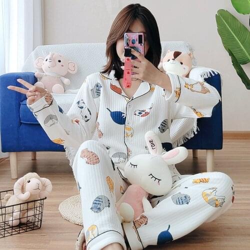 2021 Thick Warm Winter Pajamas for Women 100%cotton Home Suit Cartoon Cat Printed Sleepwear Female 2pcs Long Sleeve Homewear Set