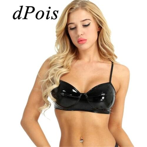 Womens Wet Look Faux Leather Bra Top Sexy Lingerie Wire Free No Pad Bralette Underwear Femme Sexy Bras Tops Womens Intimates