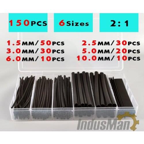 150pcs 6 Sizes 1.5-10mm Cable Black Heat shrink tube 2:1 ratio Insulation shrink sleeveing