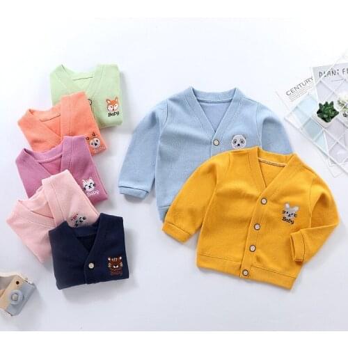 Baby Boys Girls Jacket Childrens Wear Knitted Sweater Solid Color V-neck Long Sleeve Cardigan Sweater Cotton Kids Coat Clothing