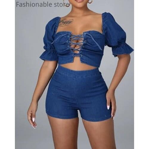 Women Eyelet Lace Up Puff Sleeve Crop Top & Shorts 2 Piece Set
