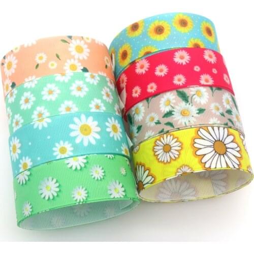 DUWES 50yards Chrysanthemum Sunflower Flowers Printed Grosgrain Ribbon Accessory Hairbow Headwear Decoration DIY OEM D1553