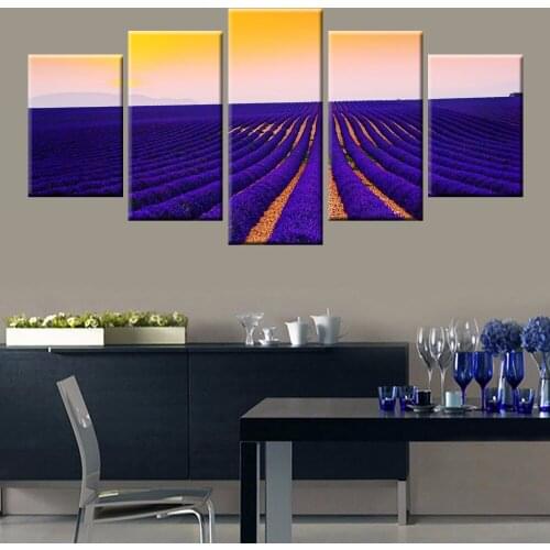 HD Print 5 Panel Canvas Landscape Lavender Flower Ocean Bloom Modern Art Wall Home Decor Canvas Living Room