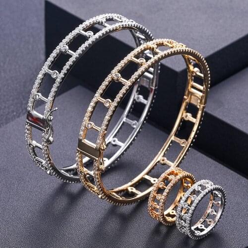 Janekelly luxury Unique African Bangle Ring Set Jewelry Sets For Women Wedding Cubic Zircon Crystal CZ Dubai Bridal Jewelry Set