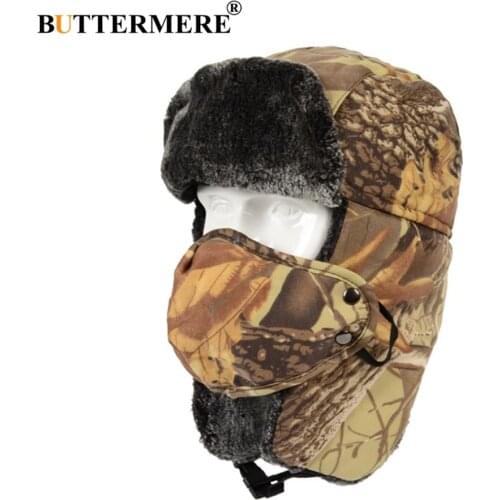 BUTTERMERE Camouflage Bomber Hat Winter Mens Earflap Russian Ushanka Hats Women Warm Camouflage Warm Motorbike Trapper Hats