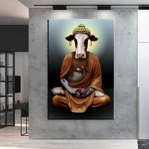 Funny Animal Art Cattle Copy Buddha Canvas Painting Wall Art Posters Prints Wall Pictures for Living Room Home Cuadros Decor