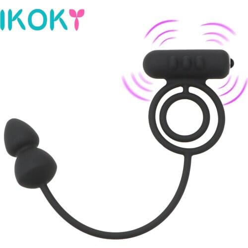 IKOKY Penis Delay Ejaculation Climax Male Prostate Massager Anal Butt Plug Vibrating Penis Ring Silicone Double Cock Ring