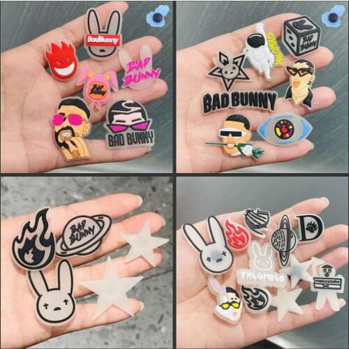 Hot 50Pcs Luminous Bad Bunny Rabbit Planet PVC Shoe Charms Noctilucent Star Glowing Shoe Accessories DIY Wristband Croc Jibz