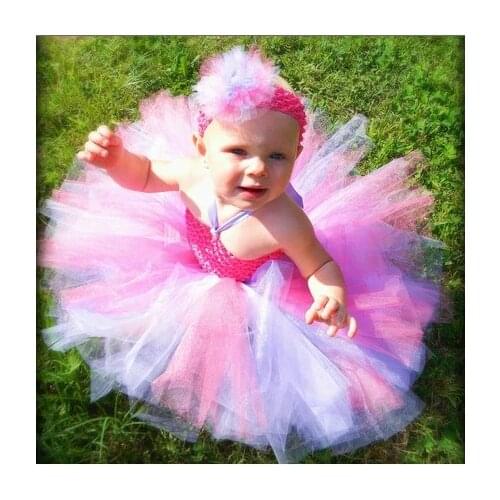 Cute Baby Crochet Tutu Dress with Hairbow Girls 1Layer Flower Tutus Tulle Dress Newborn Birthday Party Photography Costume Dress