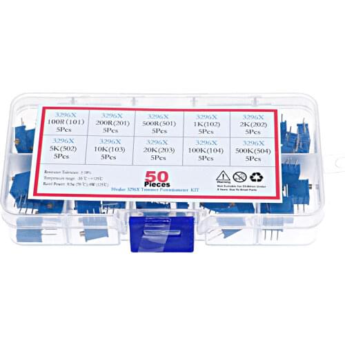 50pcs 3296X series 100R 500R 1K 2K 5K 10K 20K 50K 100K 500K multi-turn potentiometer Variable resistors With box set