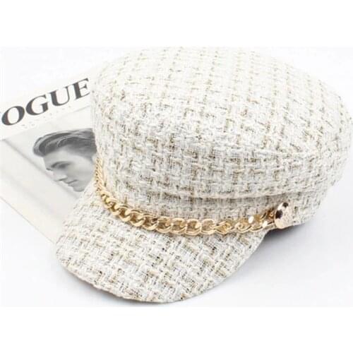 YLWHJ 2020 New women hats Tweed plaid newsboy caps chain flat top visor cap vintage plaid military cap female autumn winter hats
