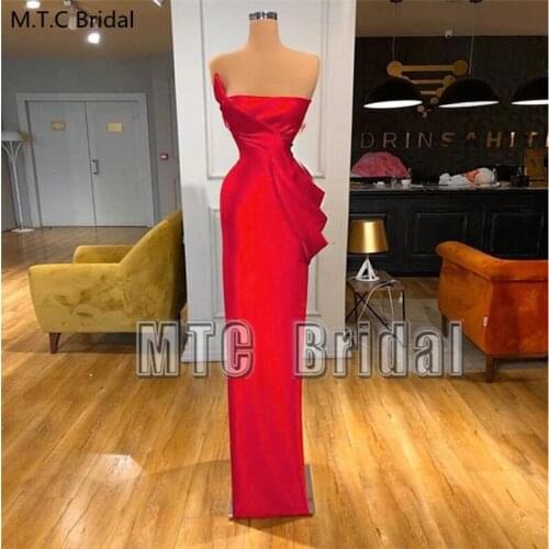 New Red Satin Long Evening Dress Sexy Strapless Sheath Formal Occasion Dresses For Women Plus Size Wedding Party Gowns Cheap