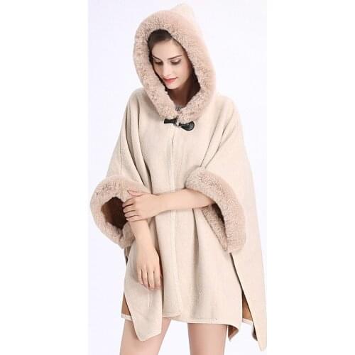 Autumn Winter Cape 2020 New Imitation Rex Rabbit Hair Collar Hoodie Double Face Cardigan Cape Coat Women Poncho