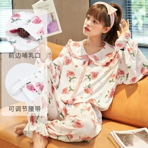 Autumn Winter Maternity Clothes Breastfeeding Nightwear Fashion Thick Cotton Strawberry Pajamas For Pregnant Women Nightdress