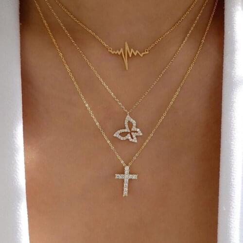 3 Pcs/Set Bohemian Crystal Butterfly Cross Pendant Necklace Set Fashion Heartbeat Clavicle Chain Necklace for Women Jewelry Gift
