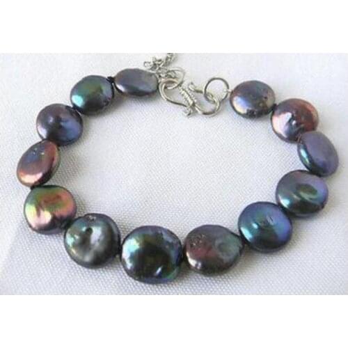 8'' 13mm Black Coin Freshwater Pearl Adjustable Bracelet