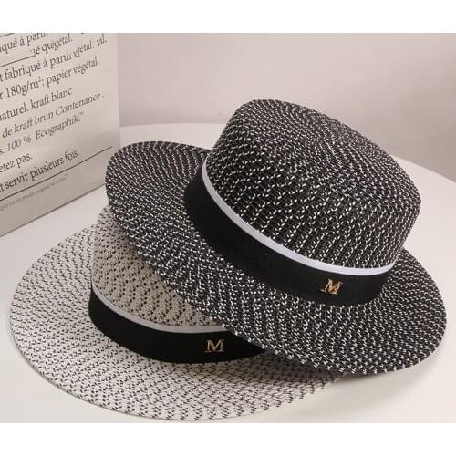 2021 New Summer Fashion British Flat Top Straw Hat Wide-brim Lady Boater Sun Caps Panama Fedora Womens Travel Beach Cap