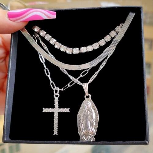 Flatfoosie Punk Silver Color Cross Crystal Chain Pendant Necklace For Women Hip Hop Multi-layer Portrait Choker Necklace Jewelry