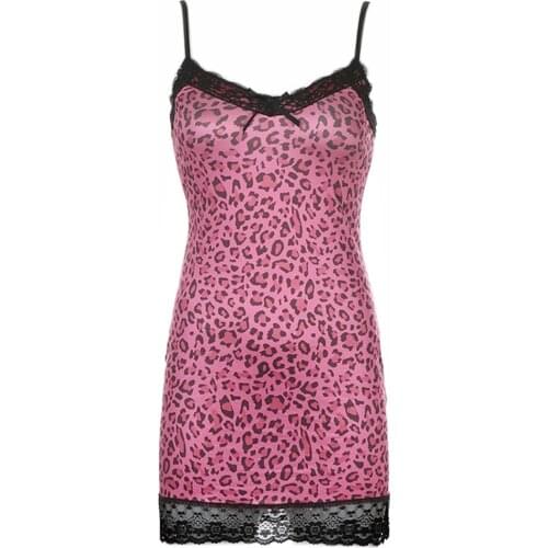 Women Y2K Sleeveless Strappy Dress Animal Leopard Printed Mini Dress Summer Patchwork Lace Frill Sexy Bodycon Dress