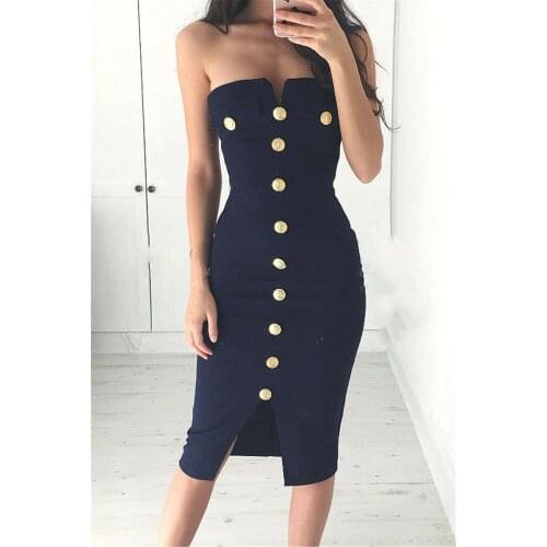 Off-shoulder Womens Slash-neck Strapless Button High-waist Bustier Sleeveless Slim Fit Dress Lady Party Ball Dress S-XL Stylish