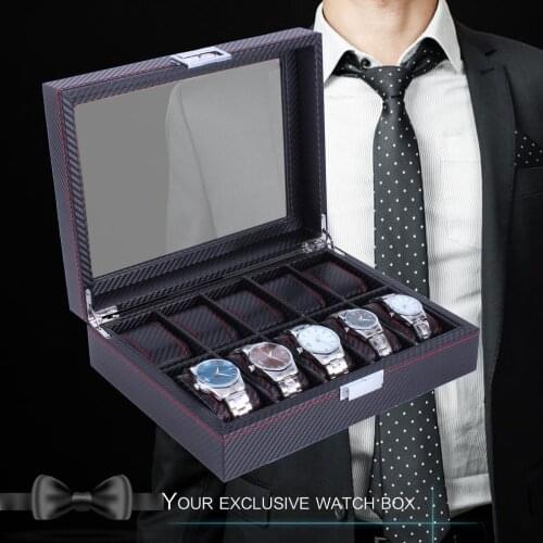 10 Grids Carbon Fibre Pattern Watch Box Watch Holder Organizer Storage Case Jewelry Display Rectangle Black Color Showcase GIFTS