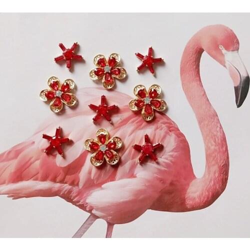 10pcs/lot New Alloy Flower Red Star Rhinestone Pearls Buttons Ornaments Jewelry Earrings Hair DIY Jewelry Accessories Handm