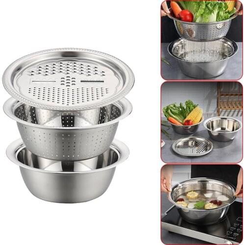 3pcs stainless steel pot vegetable cutter slicer drain basket sieve Kitchen Tool grater strainer Rice Washing Filter