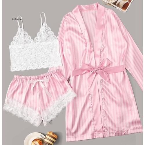 3pc Pijama Women Lace Satin Pajamas Sets Wireless Bra Camisole Shorts Stripe Robe Sleepwear Pijamas Women Pajamas Pijama Mujer