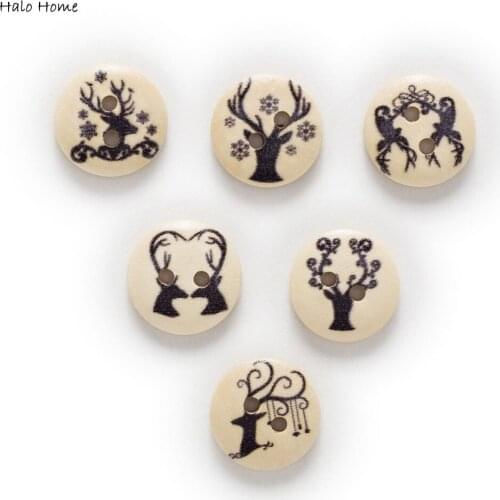 50pcs 2 Hole Black Christmas Elk Round Wood Buttons Home Decor Sewing Scrapbooking Clothing 15mm