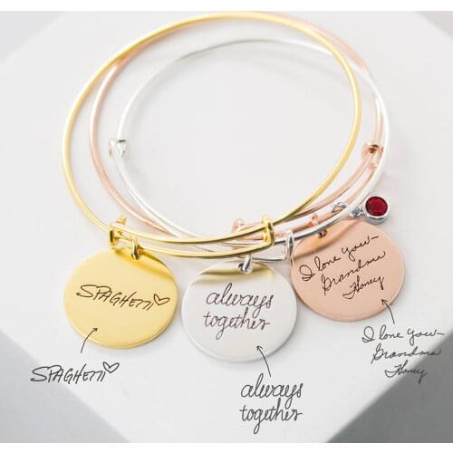 MumuXing Custom Handwriting Font Diamonds Bracelet Engraved Signature Stainless Steel Round Charm Bangle Gift For Best Friend