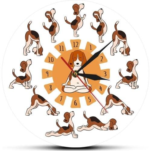 Dog Yoga Postures Wall Clock Surya Namaskara Beagle Dog Silent Modern Cartoon Watch Meditation Decor Yoga Studio Relax Saat Gift