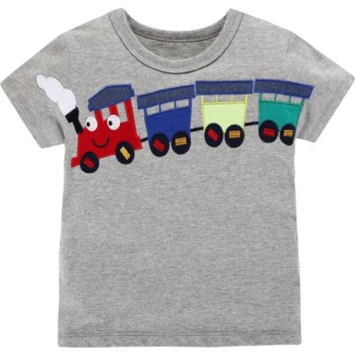 Little Maven New Summer Children Gray Colorful Train Applique O-neck Short- sleeved Cotton Knitted Boys Casual Tshirts Tee
