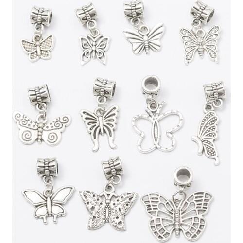 Doreen Box Butterfly Animal Zinc Alloy European Style Large Hole Charm Bail Beads Silver Color Mixed 1 Set (Approx 11 PCs)