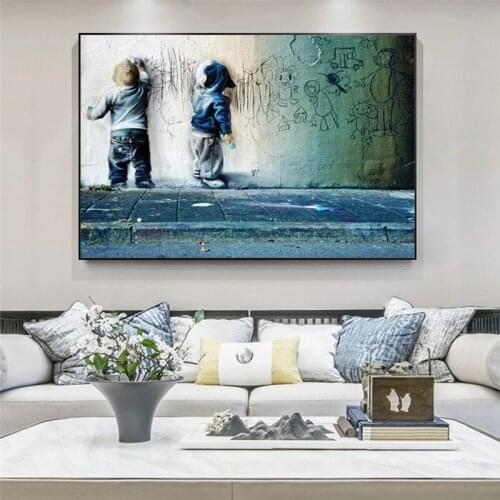 Two Cute and Naughty Toddlers Graffiti Canvas Painting Posters and Prints Modern Wall Art Pictures for Living Room Home Decor