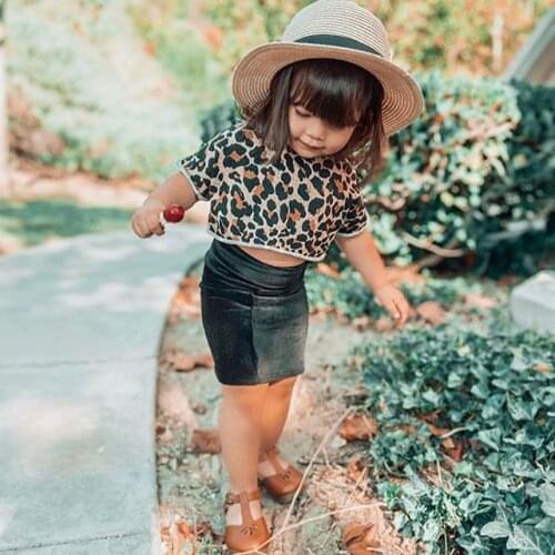 0-3Yrs Leopard Girls Clothing Soft Shorts Sleeve T-Shirts Pu Skirts 2Pcs Summer Infant Kids Clothing Outfits