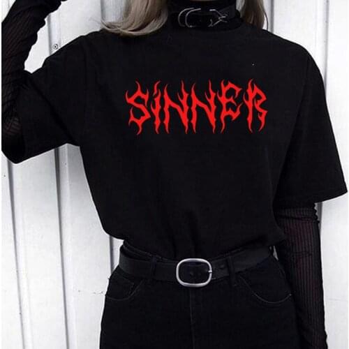 Sinner Letter Print T-shirt Harajuku Hipster Punk Style Unisex T-Shirt Streetshirt Loose Casual Cool Gothic Womens Top Tee