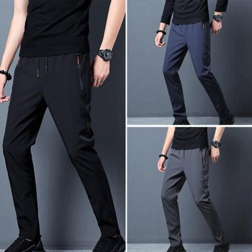 Light Thin Cool Trousers Men Pants Solid Color Quick Drying Drawstring Ankle Tied Zipper Pockets Thin Trousers for Outdoor Sport