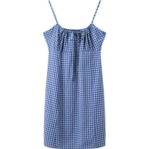 Sweet Women Square Collar Bow Lace Dress 2021 Summer Fashion Ladies College Style Sling Dress Female Plaid Mini Dress