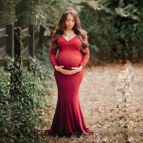 New Mermaid Lace Maternity Dresses for Women Pregnant Long Sleeve Maxi Pregnancy Dress for Photo Shoot Women Red dress