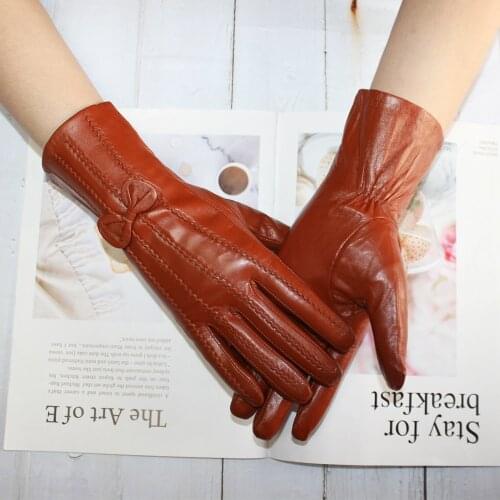 New Style Leather sheepskin gloves womens mid-length stripes plus velvet warm autumn and winter windproof free shipping