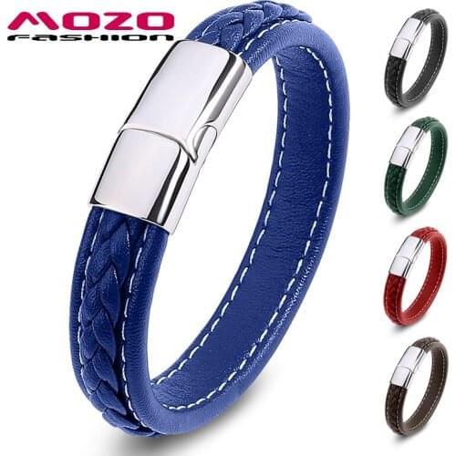 New Classic Women Handmade Bracelet Trendy Stainless Steel Clasp Wrist Band Blue Men Jewelry Braided Leather Bangles