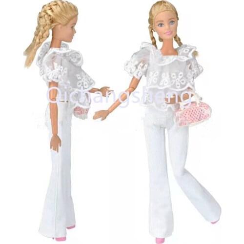 1/6 BJD Doll Clothes Classic White Multi Ruffle Top Pants Outfits Set For Barbie Accessories Shirt & Trousers & Shoes & Bag Toys