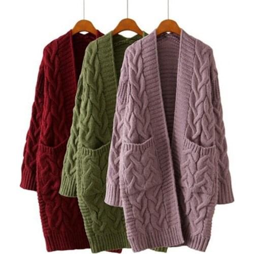 Solid Color Women Long Cardigan Sweaters Coat Outwear Autumn Winter Open Front Cardigan Coat Women Twist Knitted Mid-length Coat