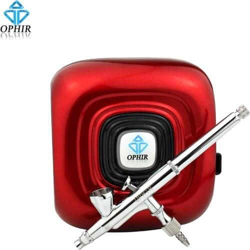 OPHIR Professional Makeup Airbrush Kit with Red Mini Air Compressor 0.2mm Airbrush Sprayer for Cosmetic_AC123R+AC073