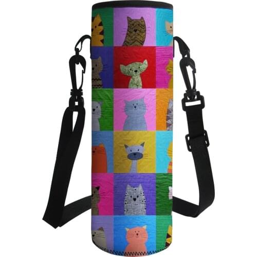 Funny Cartoon Cat Printed Water Bottle Carrier Holder Sleeve Adjustable Shoulder Strap Sling Insulated Outdoor Sports Bottle Bag