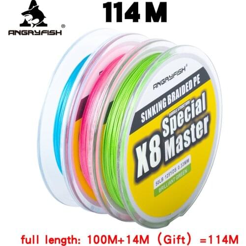 Angryfish 114M 8X Sinking Braid Fishing Line Multicolor Smooth Multifilament Sinkline Carp Fishing 20-80lb