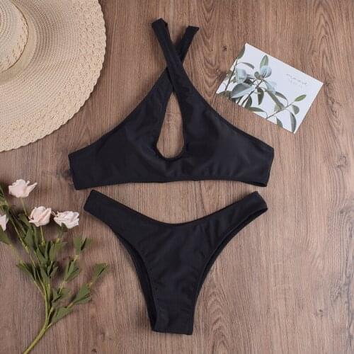 Sexy Swimwear Women Solid Black Red High Neck Cross Micro Bikini 2021 High Cut Push Up Bathing Suit Thong Swimsuit Biquini