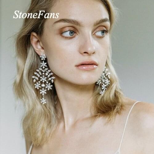 Stonefans Luxury High Quality Cubic Zircon Earrings for Women Dropping Fashion Bridal Wedding Flower Pendant Earrings Jewelry