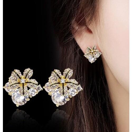 Korean Earrings Cute Flower Bling ZIrcon Stone Gold Silver Color Stud Earrings for Women Fashion Jewelry 2020 New
